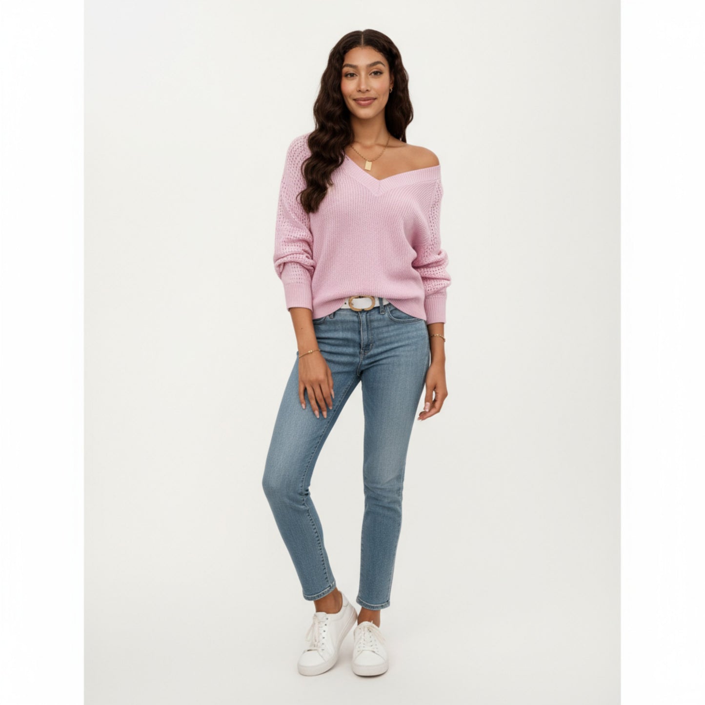 Off-Shoulder Knit Sweater with Pointelle Sleeves and Relaxed Fit