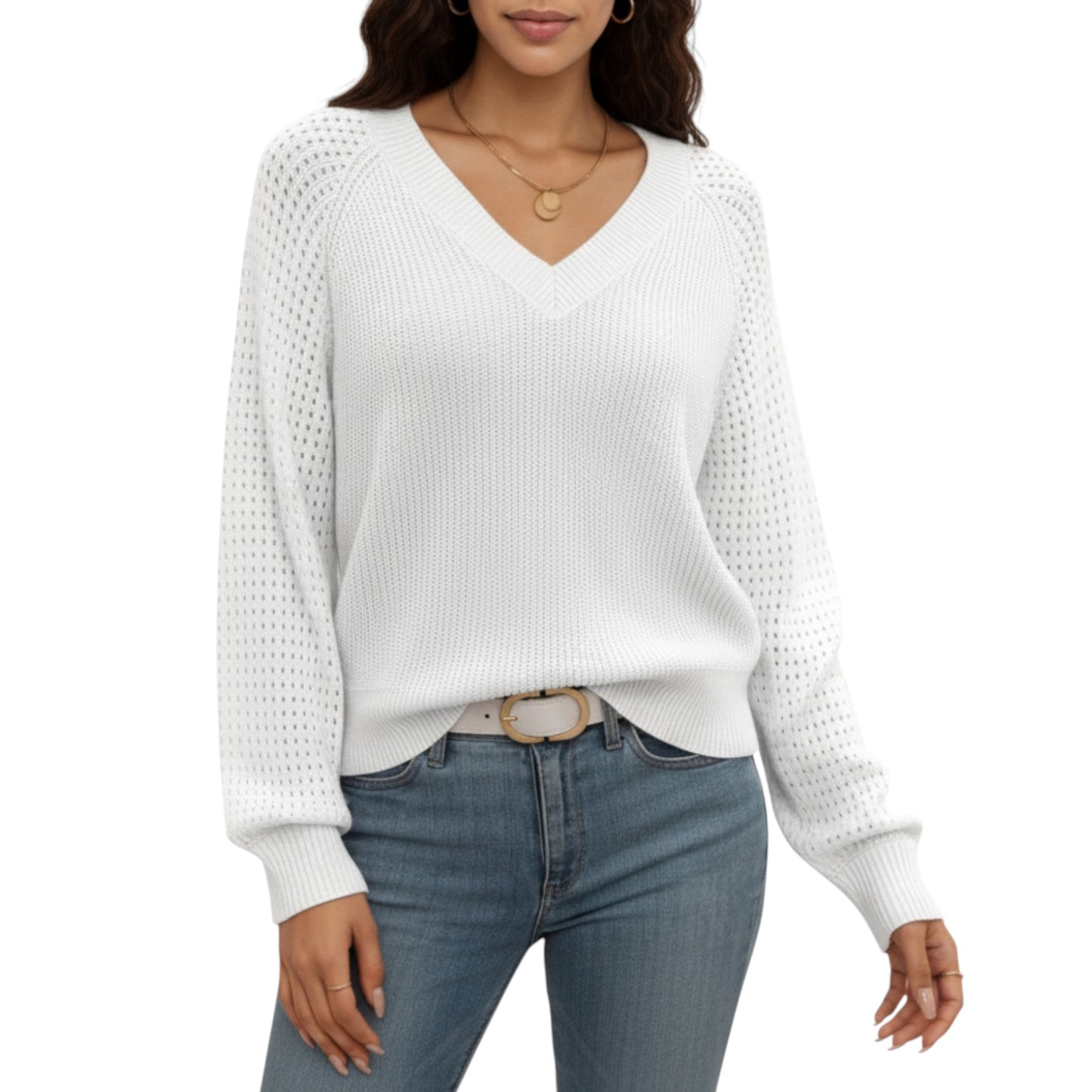 Off-Shoulder Knit Sweater with Pointelle Sleeves and Relaxed Fit