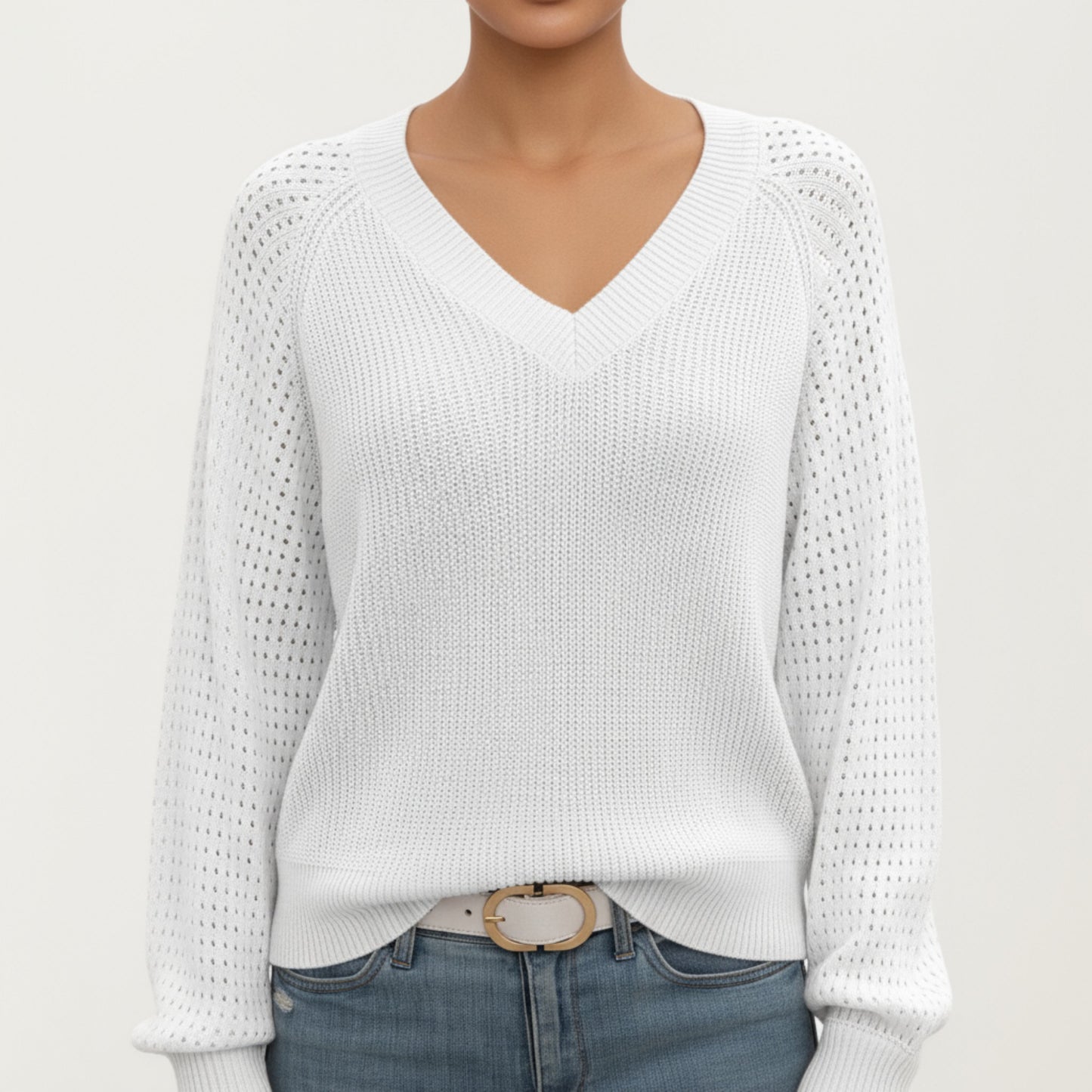 Off-Shoulder Knit Sweater with Pointelle Sleeves and Relaxed Fit