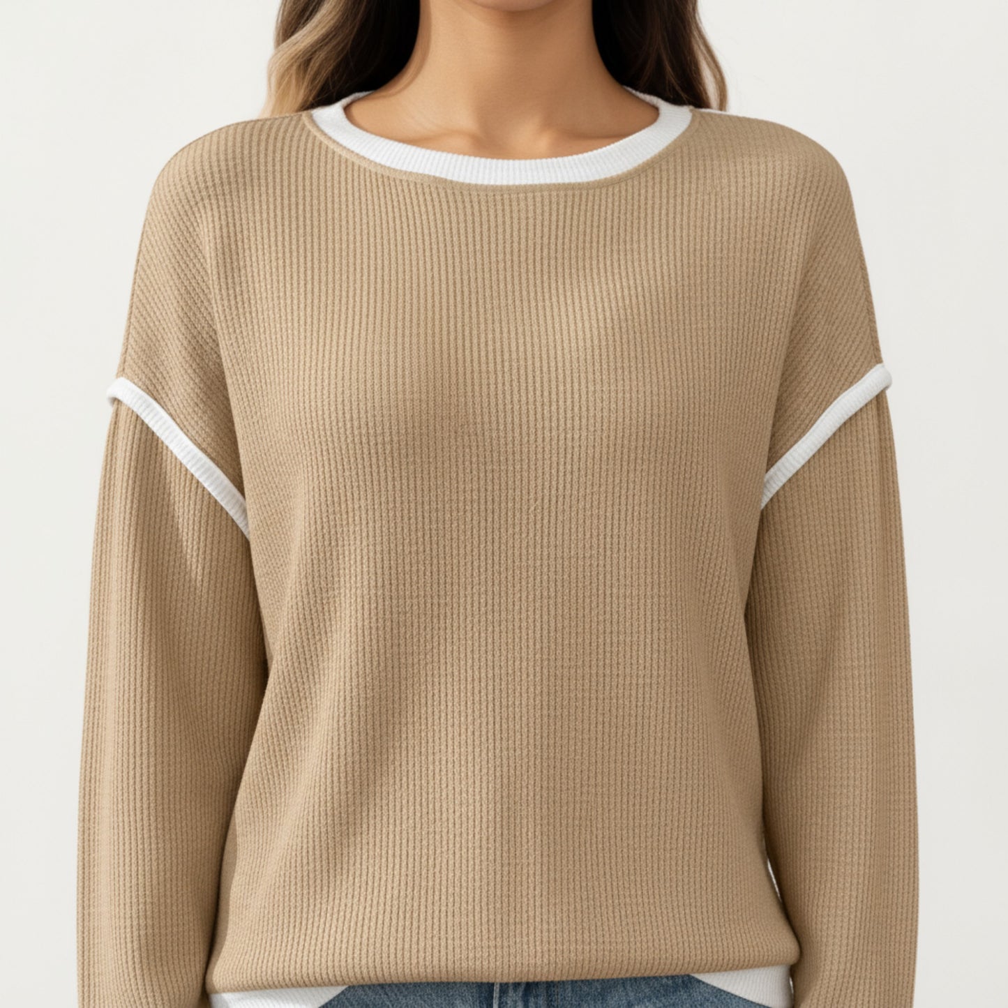 Long Sleeve Knit Top with Contrast Trim and Relaxed Fit