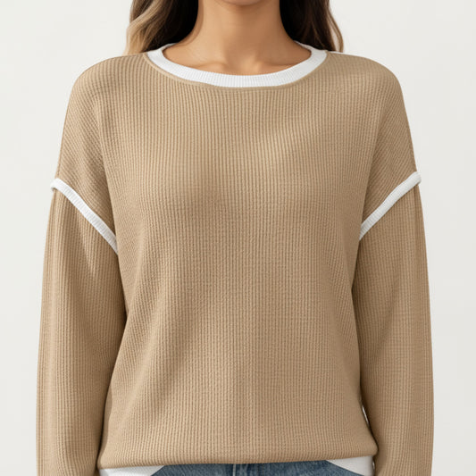 Long Sleeve Knit Top with Contrast Trim and Relaxed Fit