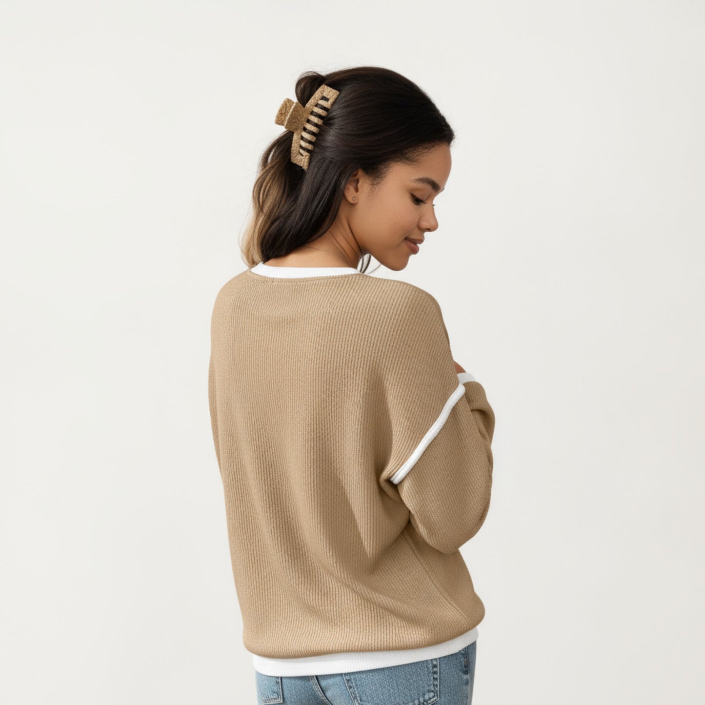 Long Sleeve Knit Top with Contrast Trim and Relaxed Fit