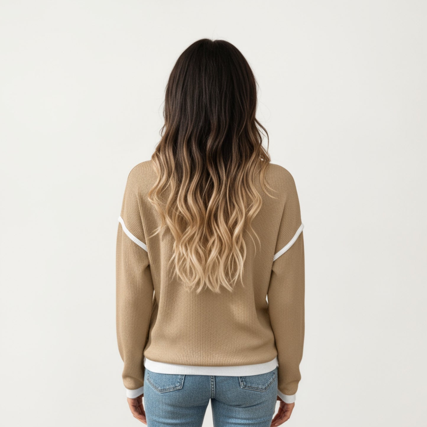 Long Sleeve Knit Top with Contrast Trim and Relaxed Fit