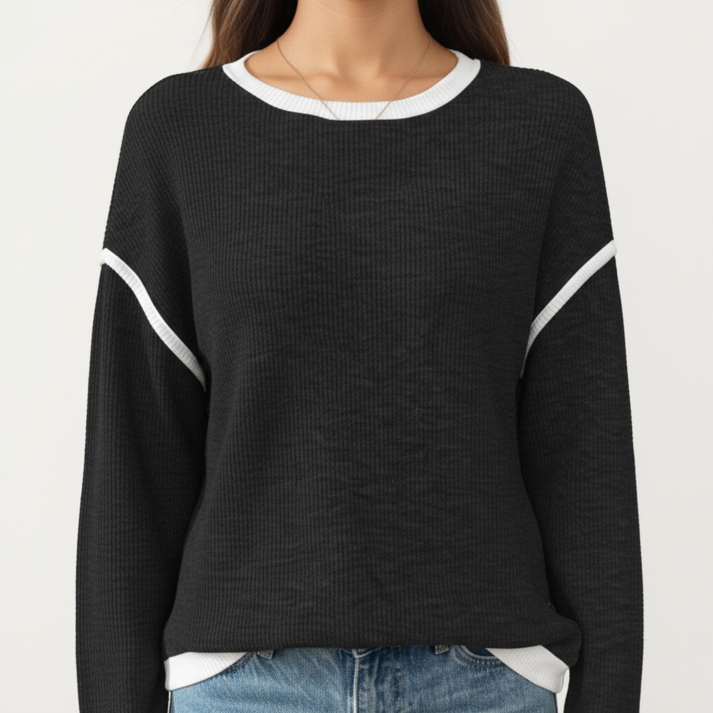 Long Sleeve Knit Top with Contrast Trim and Relaxed Fit