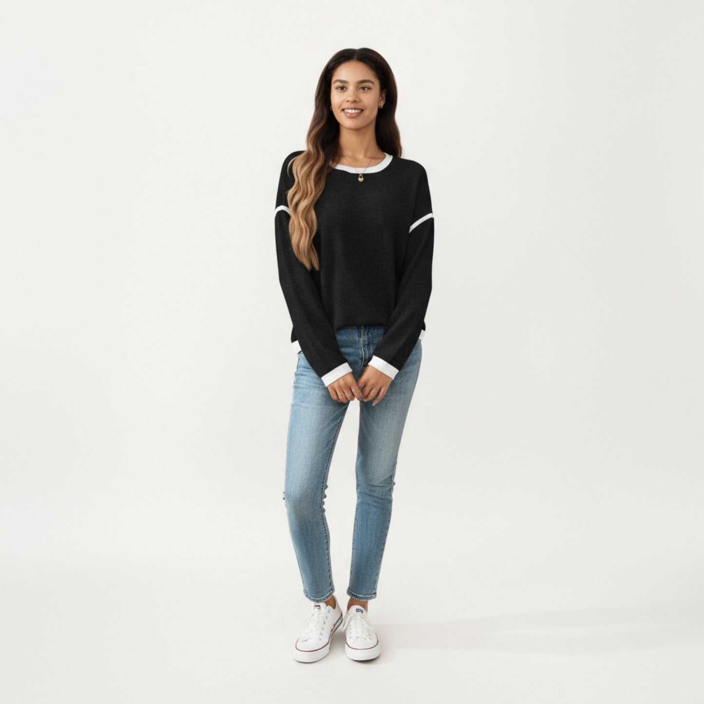 Long Sleeve Knit Top with Contrast Trim and Relaxed Fit