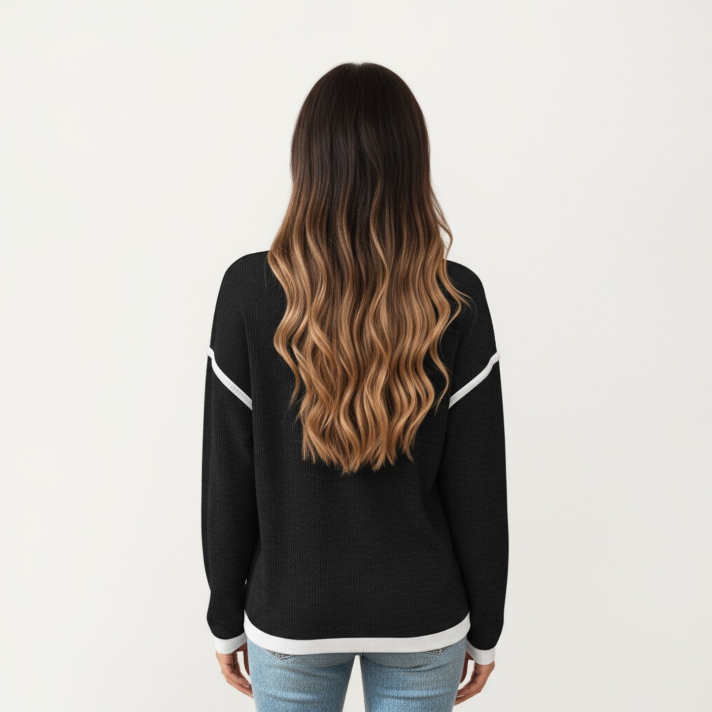 Long Sleeve Knit Top with Contrast Trim and Relaxed Fit