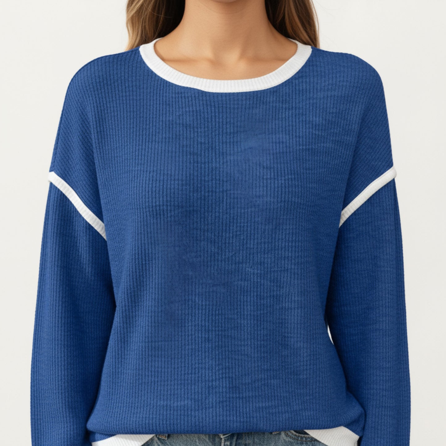 Long Sleeve Knit Top with Contrast Trim and Relaxed Fit