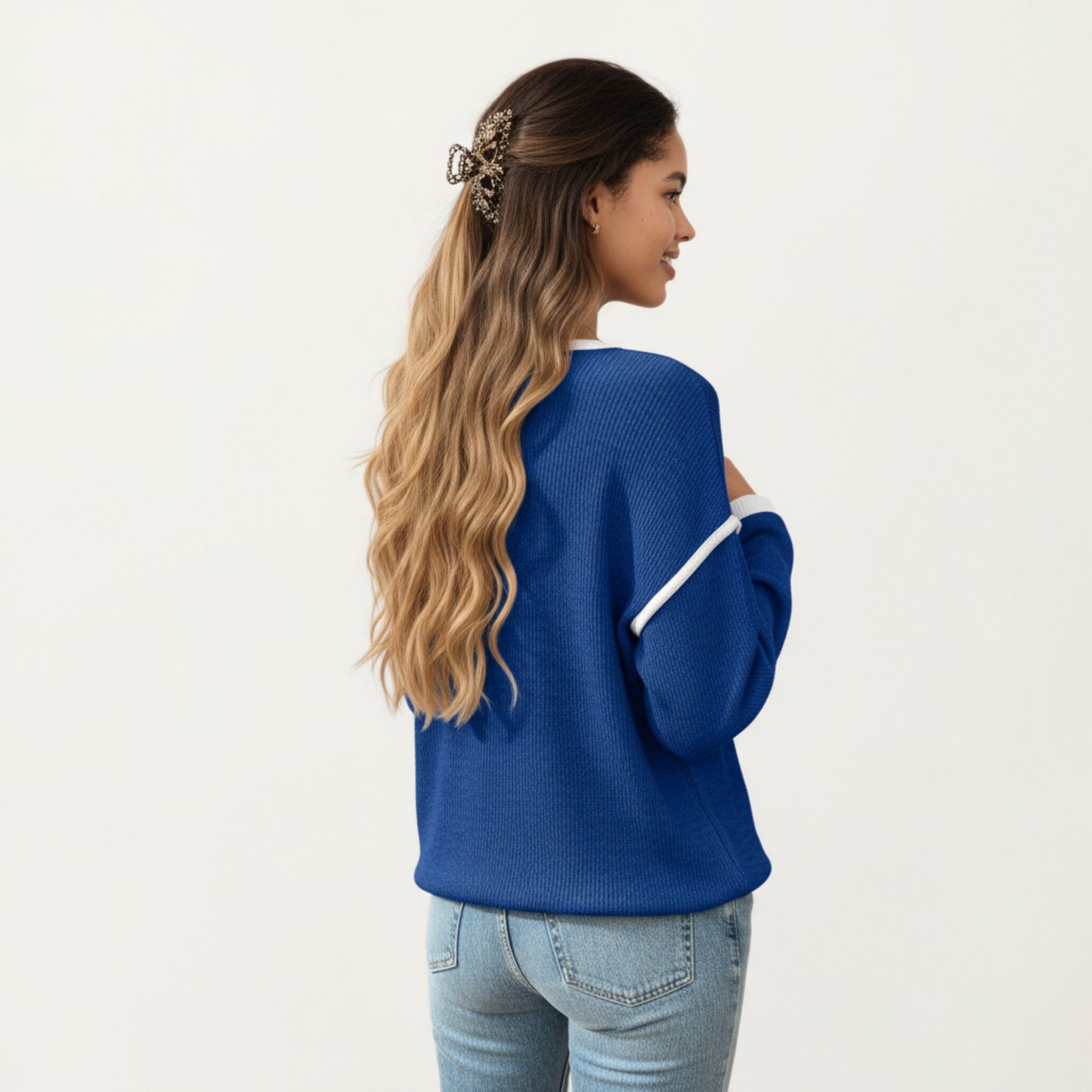 Long Sleeve Knit Top with Contrast Trim and Relaxed Fit