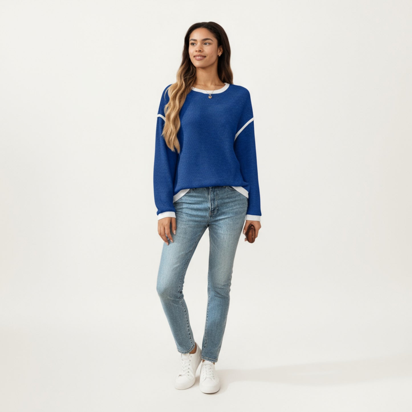 Long Sleeve Knit Top with Contrast Trim and Relaxed Fit