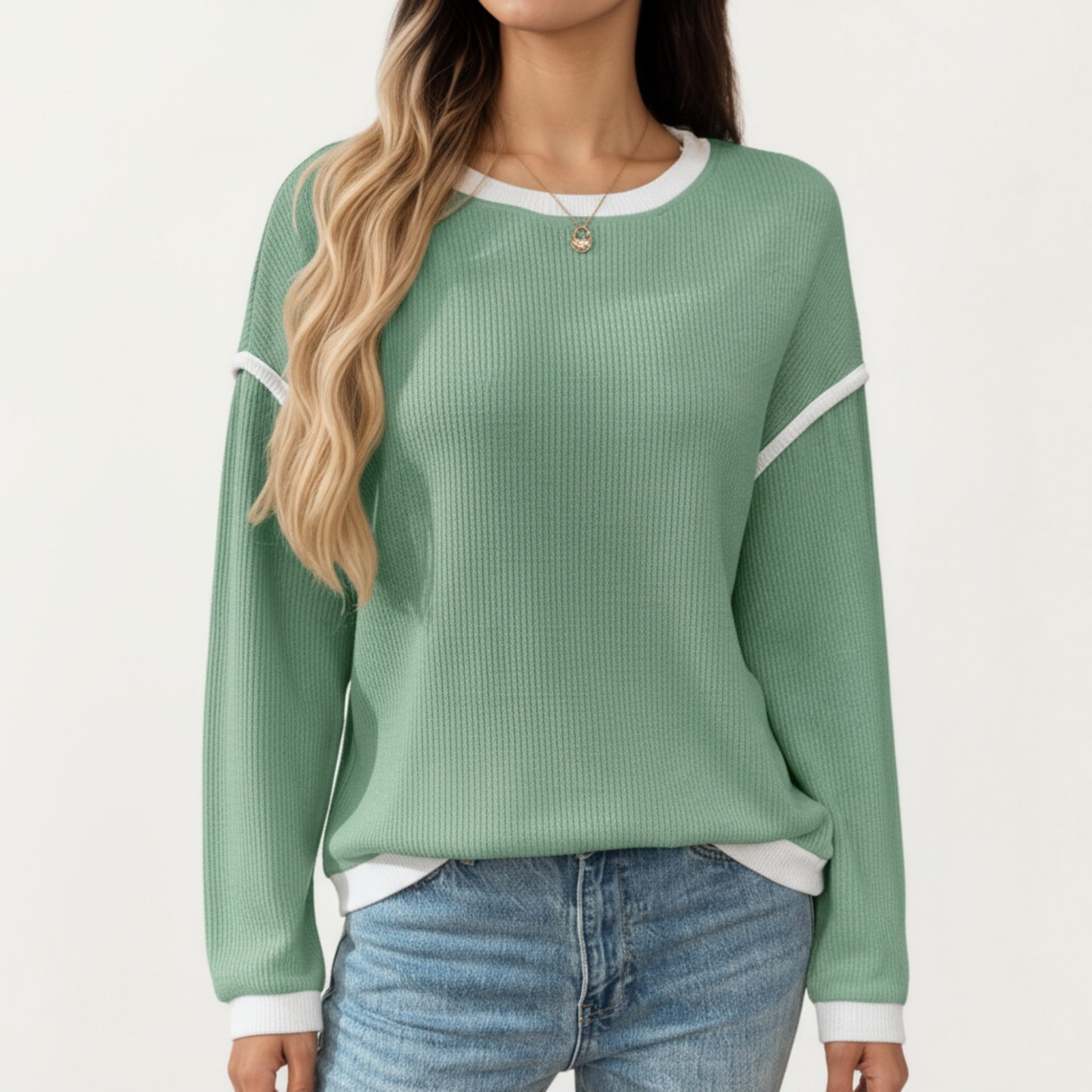 Long Sleeve Knit Top with Contrast Trim and Relaxed Fit