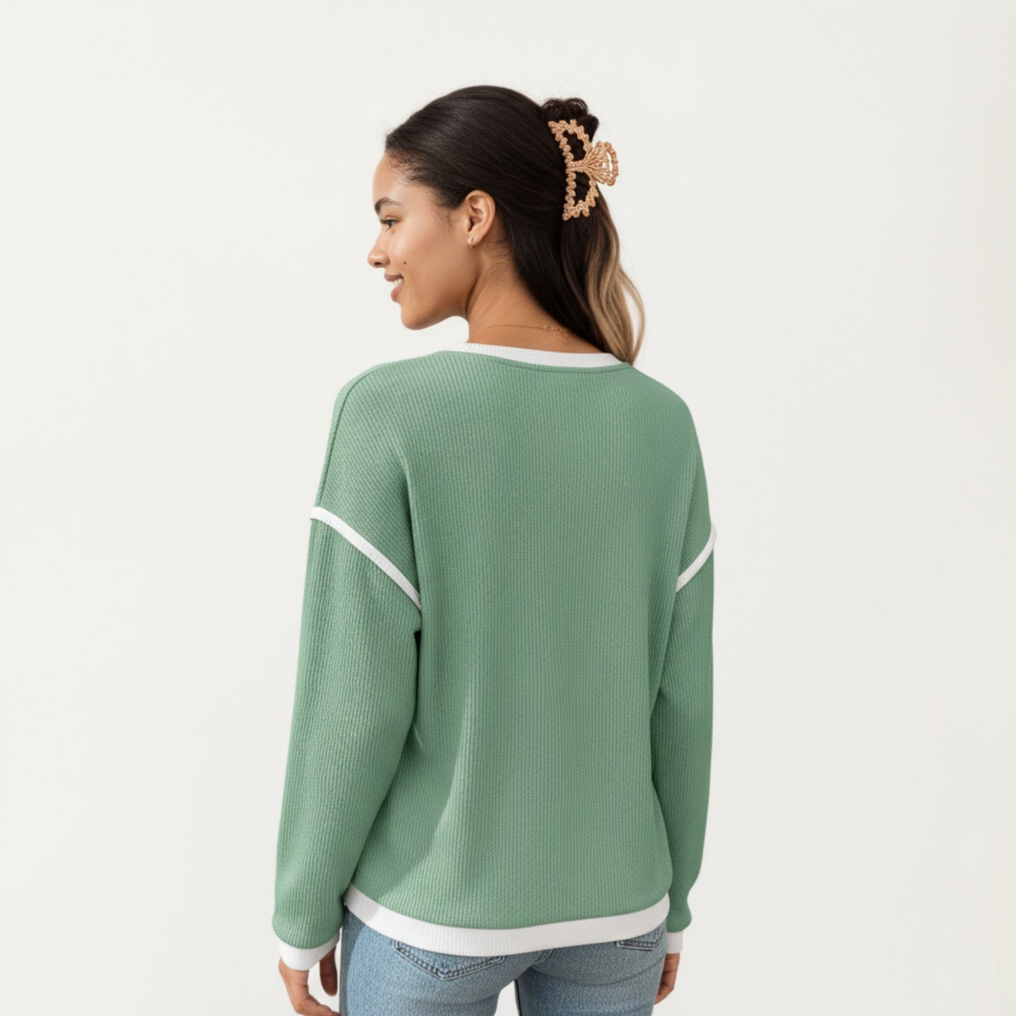 Long Sleeve Knit Top with Contrast Trim and Relaxed Fit