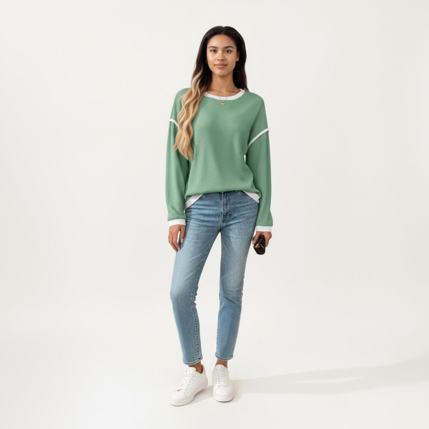 Long Sleeve Knit Top with Contrast Trim and Relaxed Fit