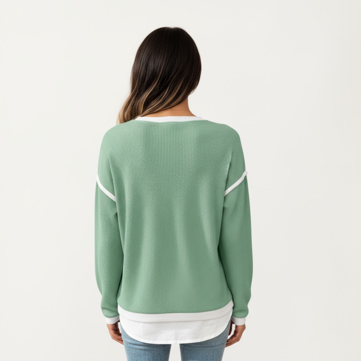 Long Sleeve Knit Top with Contrast Trim and Relaxed Fit