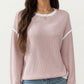Long Sleeve Knit Top with Contrast Trim and Relaxed Fit