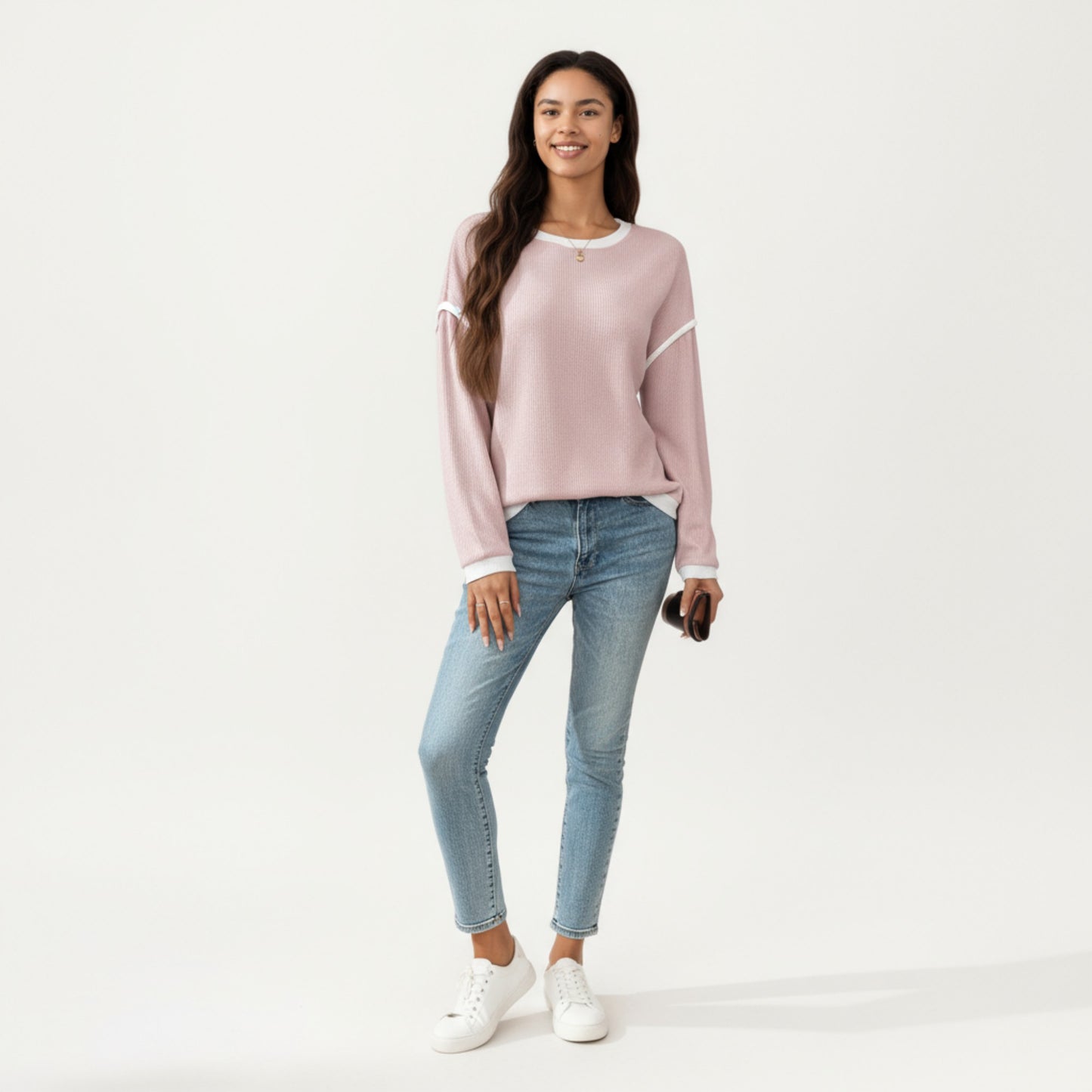 Long Sleeve Knit Top with Contrast Trim and Relaxed Fit