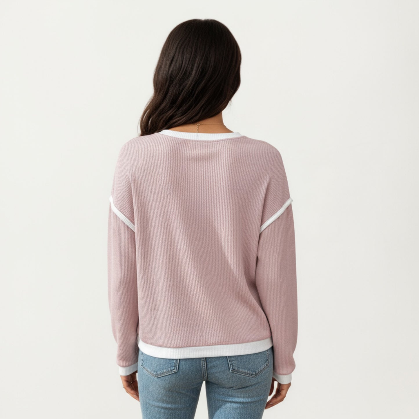 Long Sleeve Knit Top with Contrast Trim and Relaxed Fit