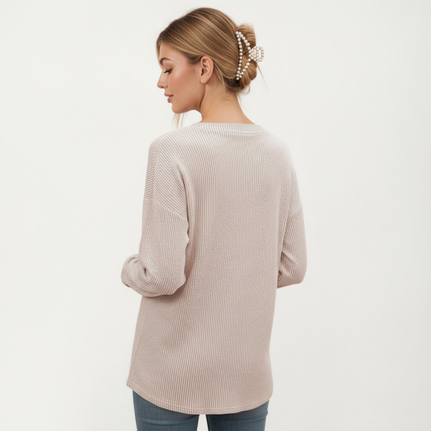 V-Neck Long Sleeve Knit Top with Chest Pocket and Relaxed Fit