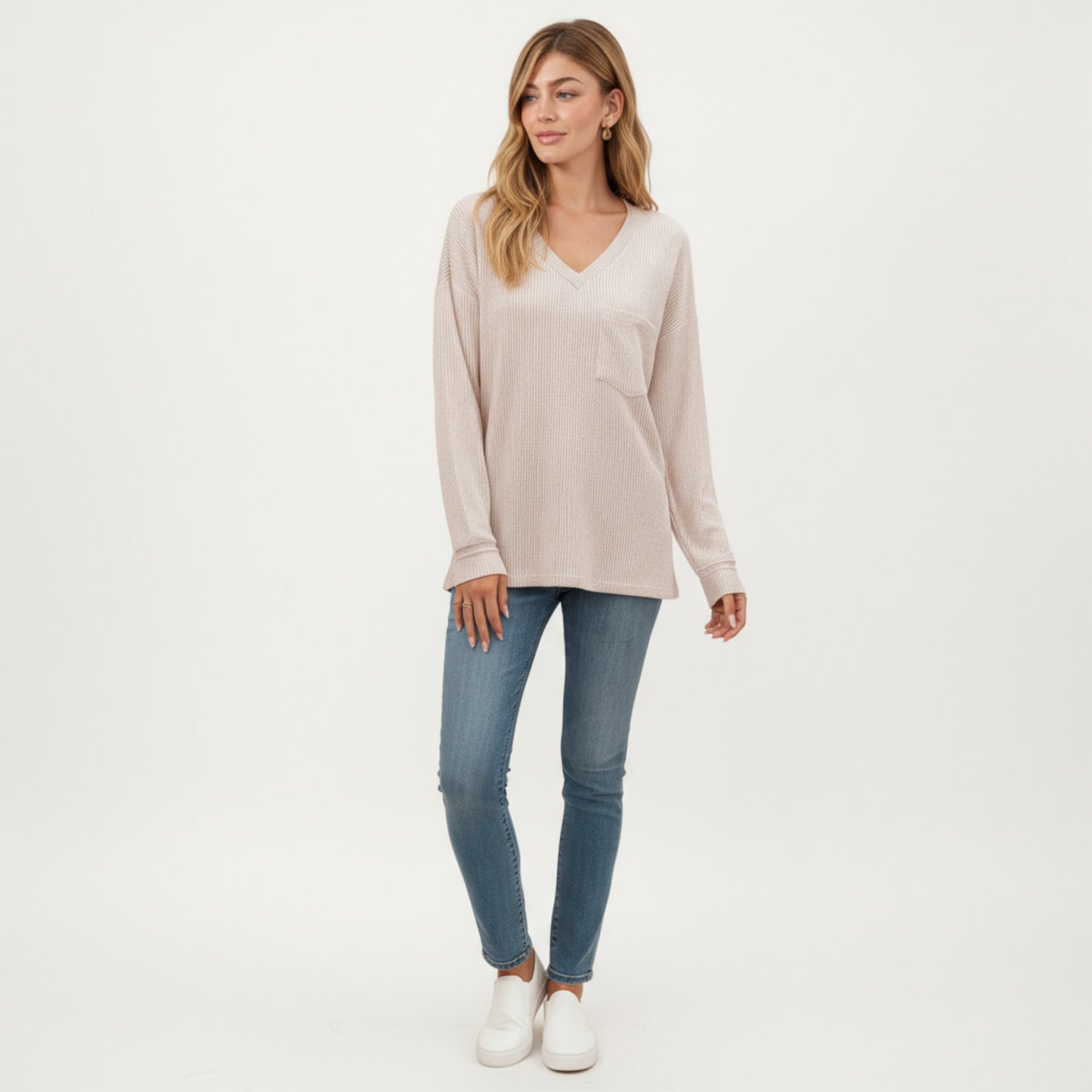 V-Neck Long Sleeve Knit Top with Chest Pocket and Relaxed Fit