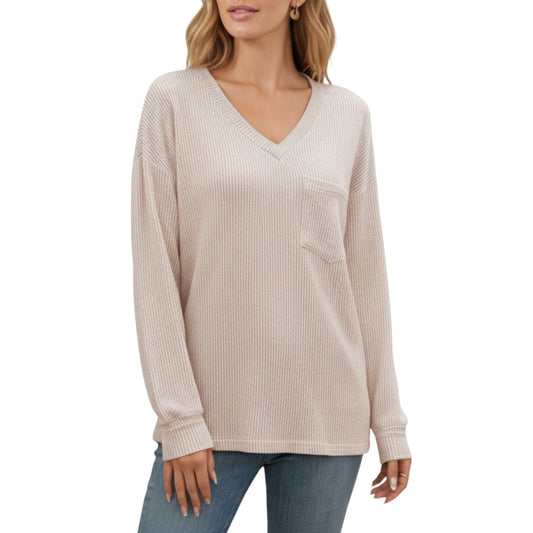 V-Neck Long Sleeve Knit Top with Chest Pocket and Relaxed Fit