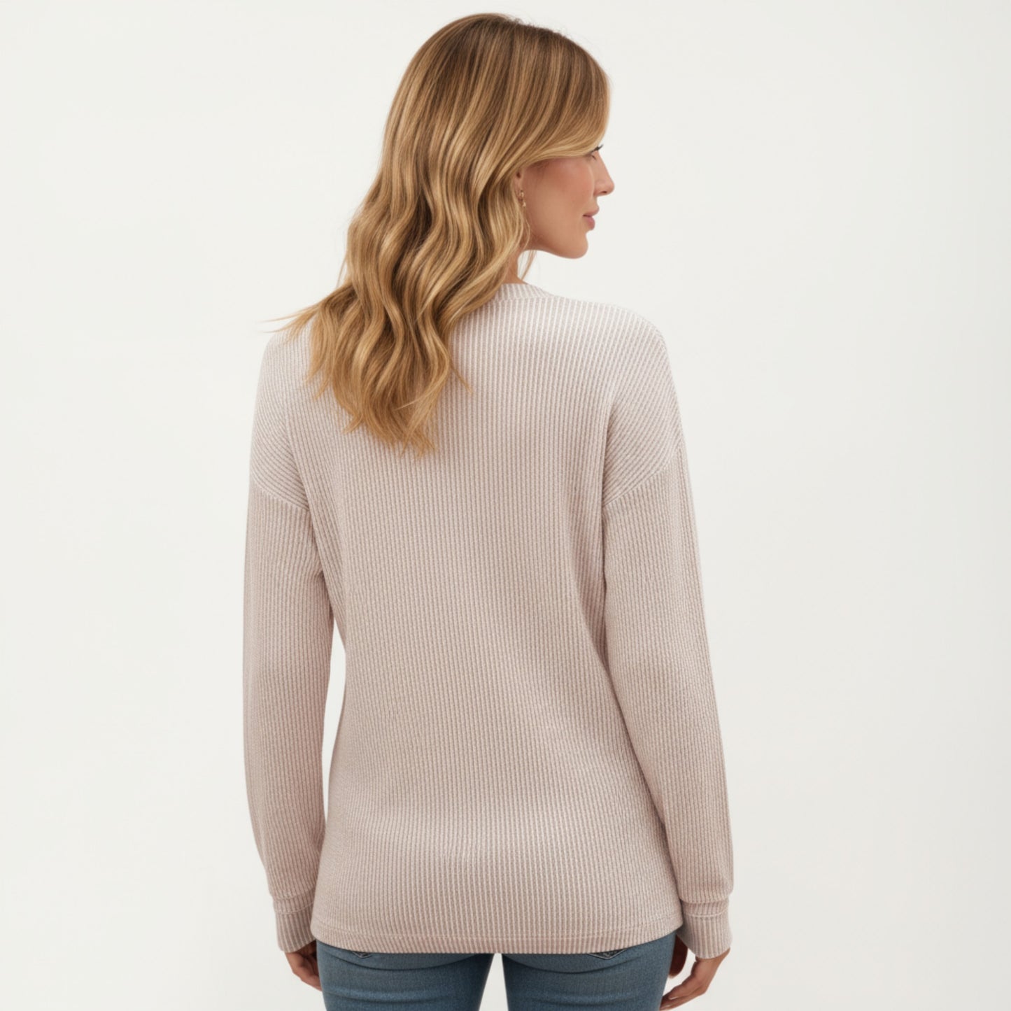 V-Neck Long Sleeve Knit Top with Chest Pocket and Relaxed Fit