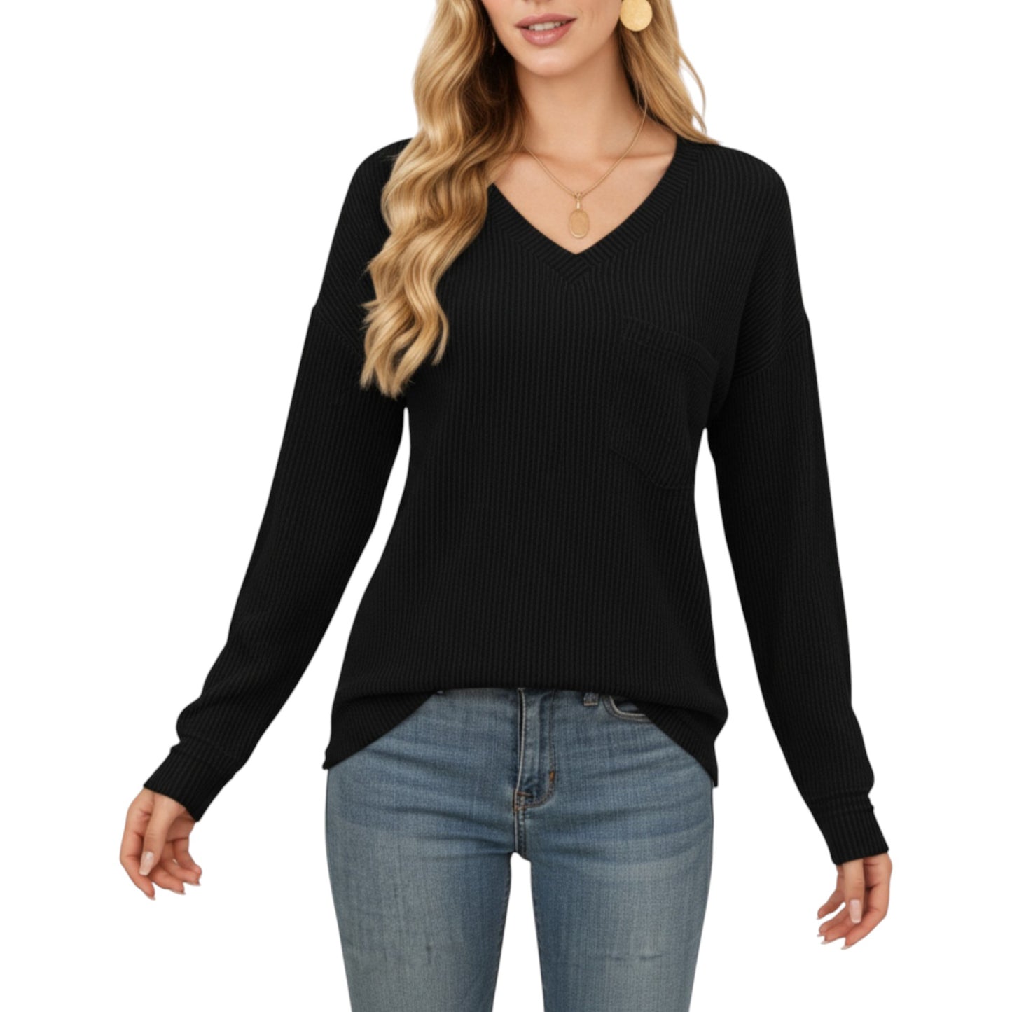 V-Neck Long Sleeve Knit Top with Chest Pocket and Relaxed Fit