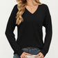 V-Neck Long Sleeve Knit Top with Chest Pocket and Relaxed Fit
