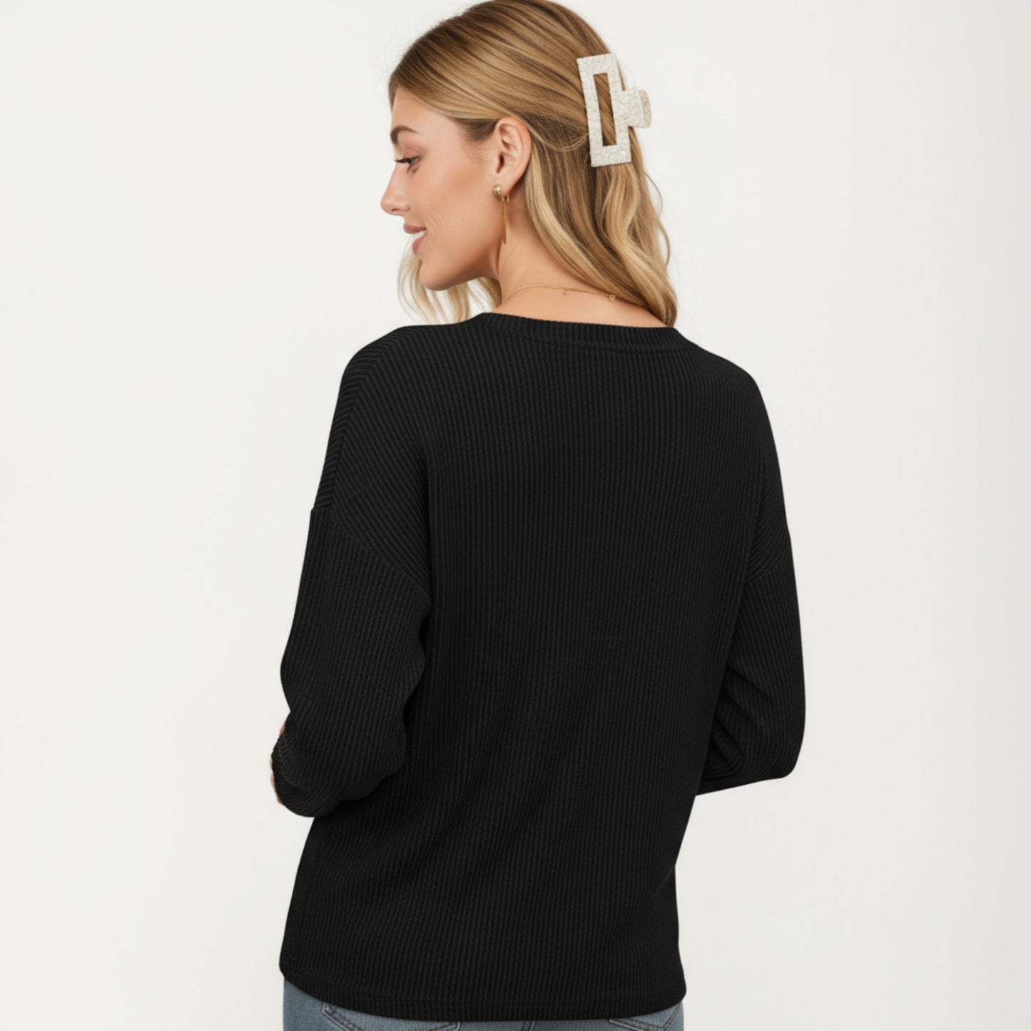 V-Neck Long Sleeve Knit Top with Chest Pocket and Relaxed Fit