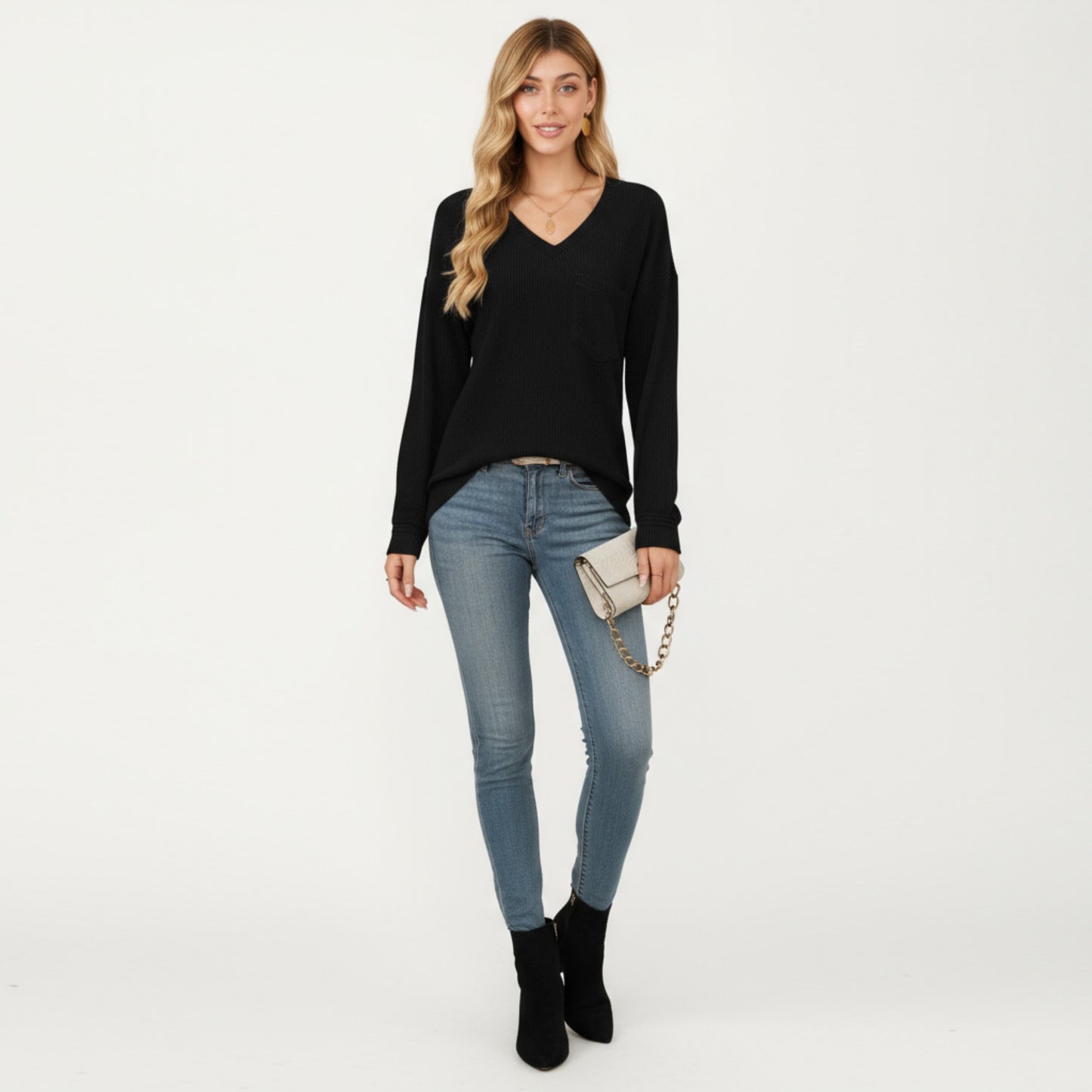 V-Neck Long Sleeve Knit Top with Chest Pocket and Relaxed Fit