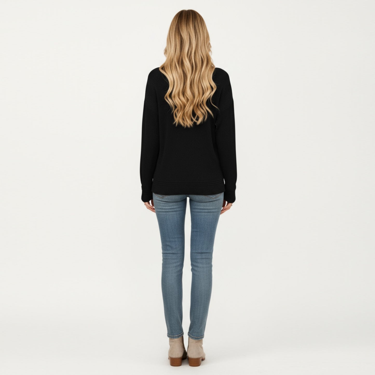 V-Neck Long Sleeve Knit Top with Chest Pocket and Relaxed Fit