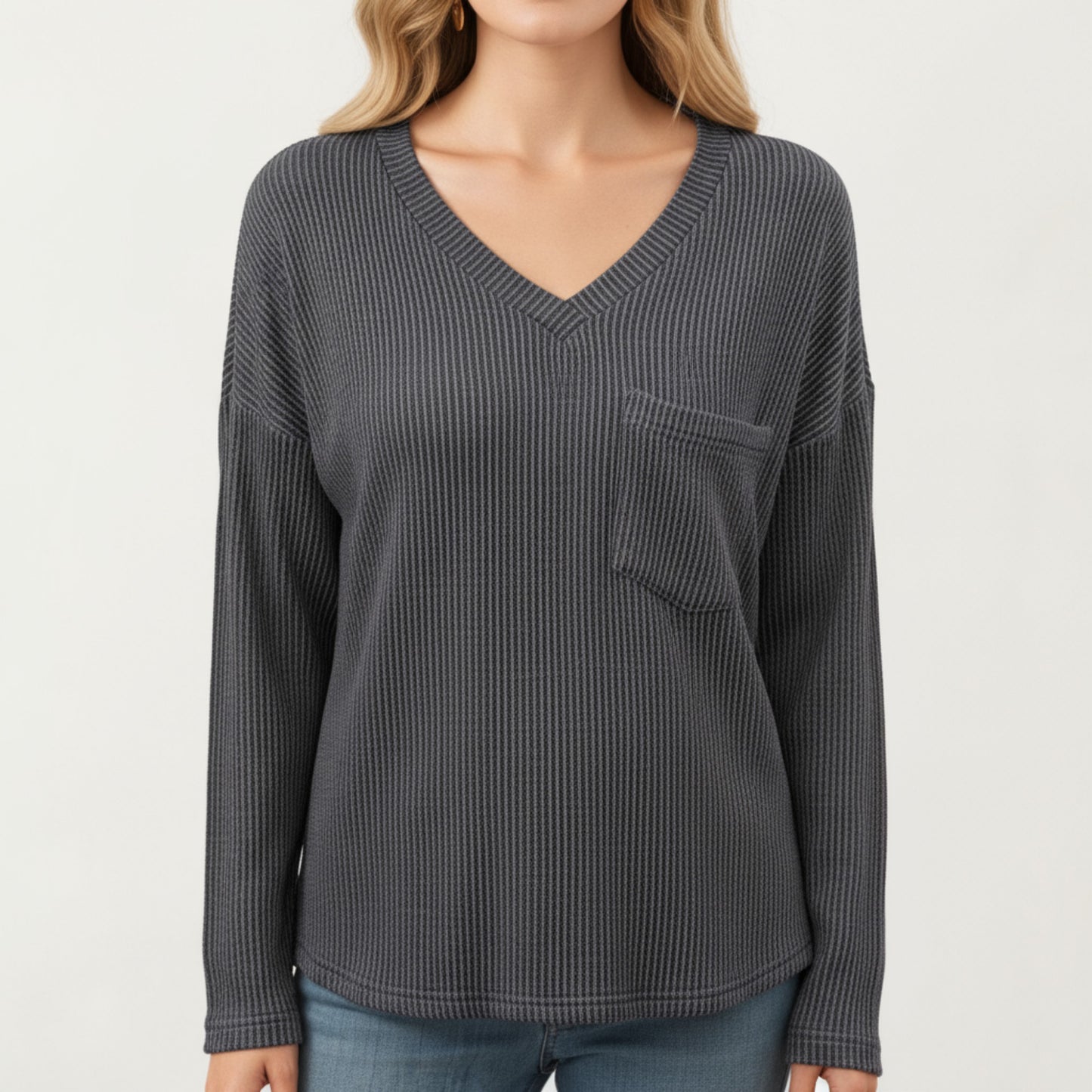 V-Neck Long Sleeve Knit Top with Chest Pocket and Relaxed Fit