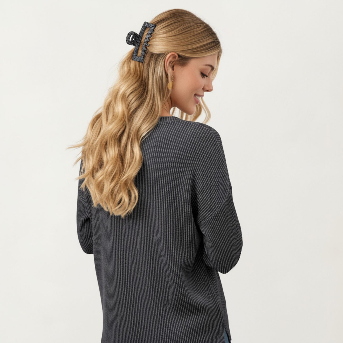 V-Neck Long Sleeve Knit Top with Chest Pocket and Relaxed Fit