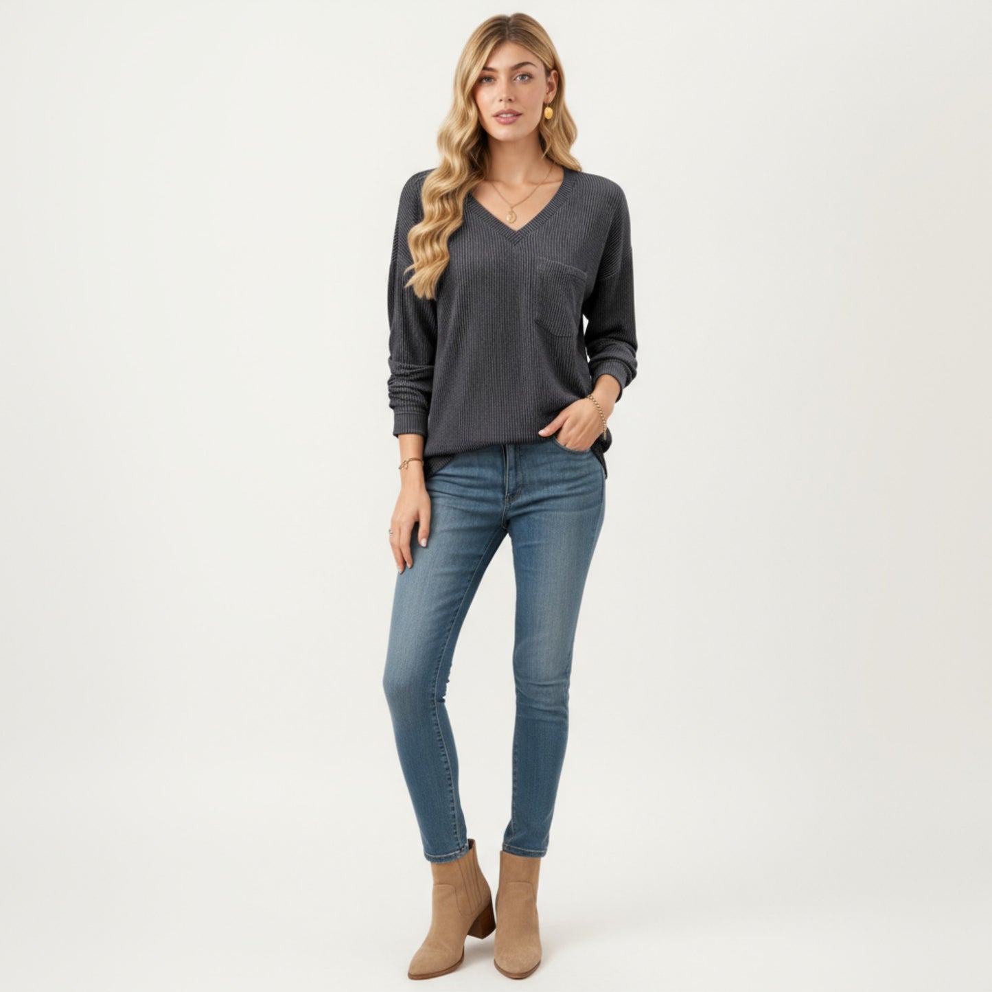 V-Neck Long Sleeve Knit Top with Chest Pocket and Relaxed Fit