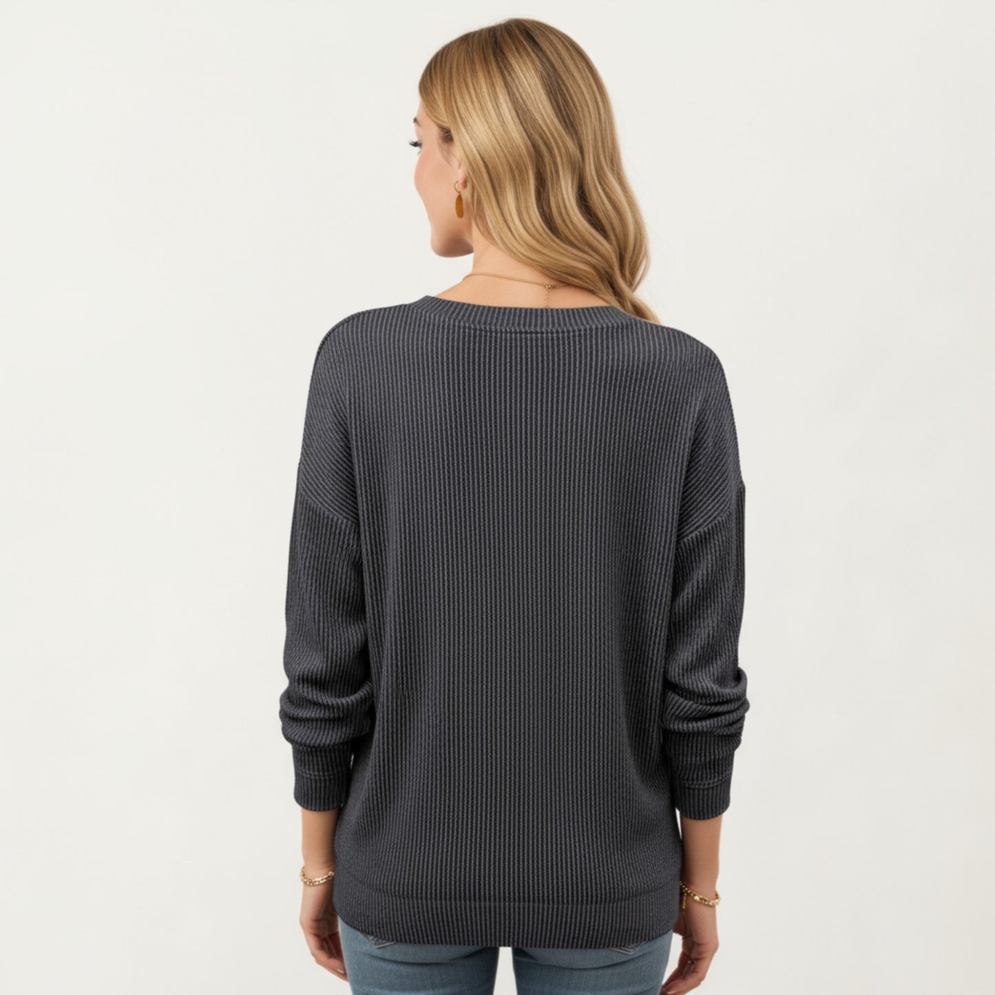 V-Neck Long Sleeve Knit Top with Chest Pocket and Relaxed Fit