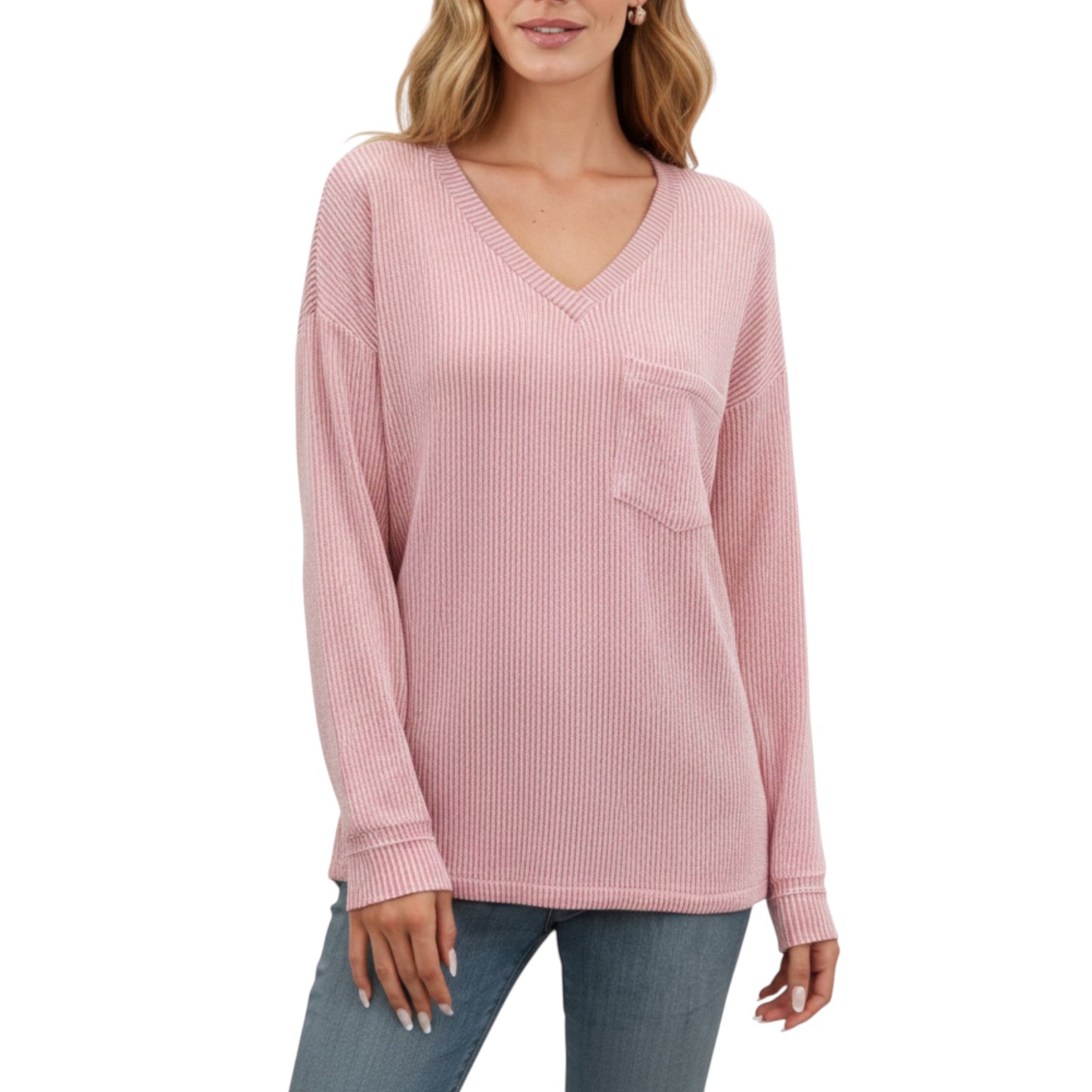 V-Neck Long Sleeve Knit Top with Chest Pocket and Relaxed Fit