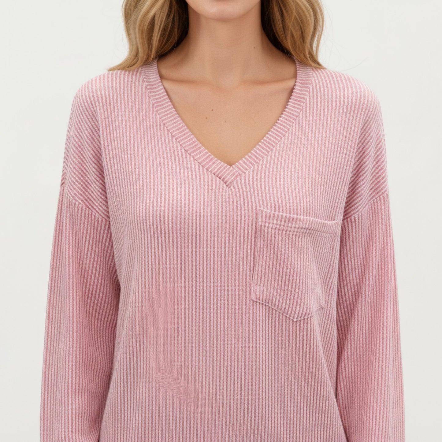 V-Neck Long Sleeve Knit Top with Chest Pocket and Relaxed Fit