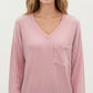 V-Neck Long Sleeve Knit Top with Chest Pocket and Relaxed Fit