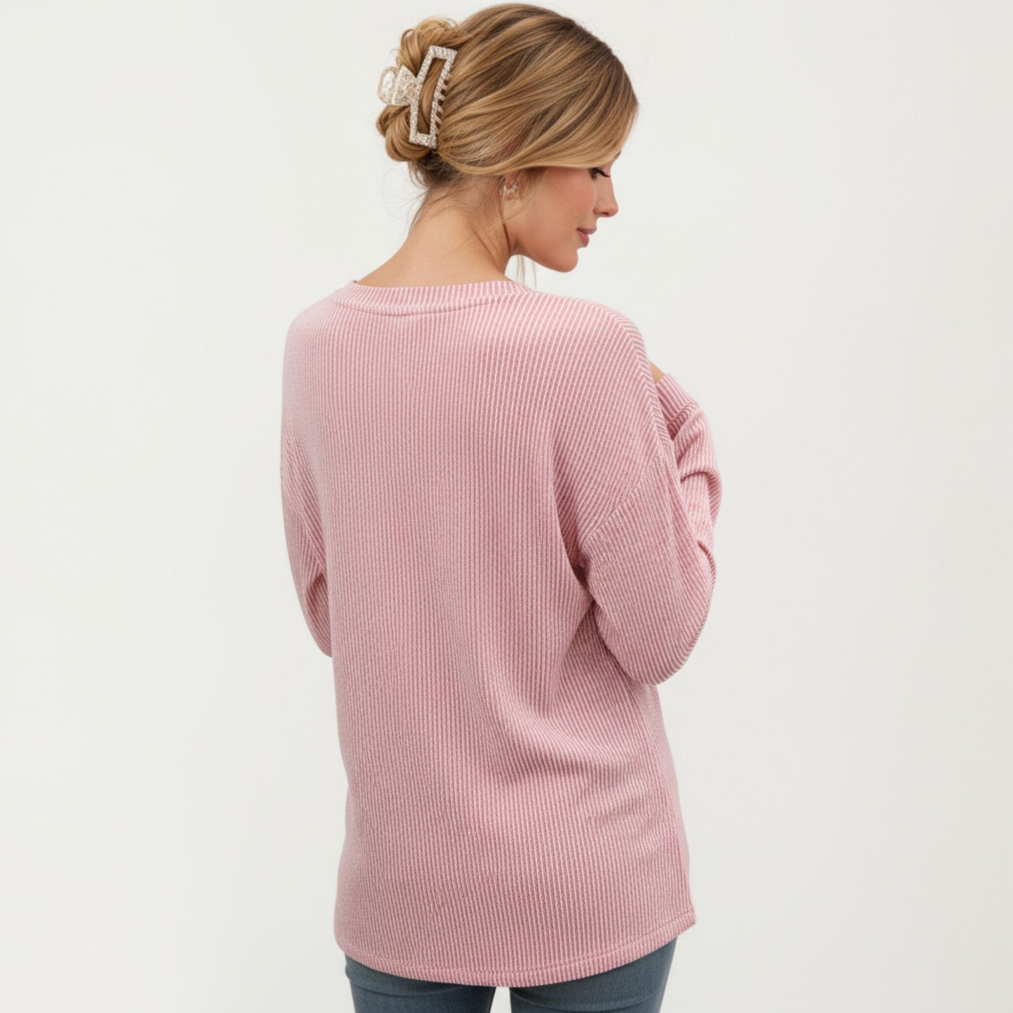 V-Neck Long Sleeve Knit Top with Chest Pocket and Relaxed Fit