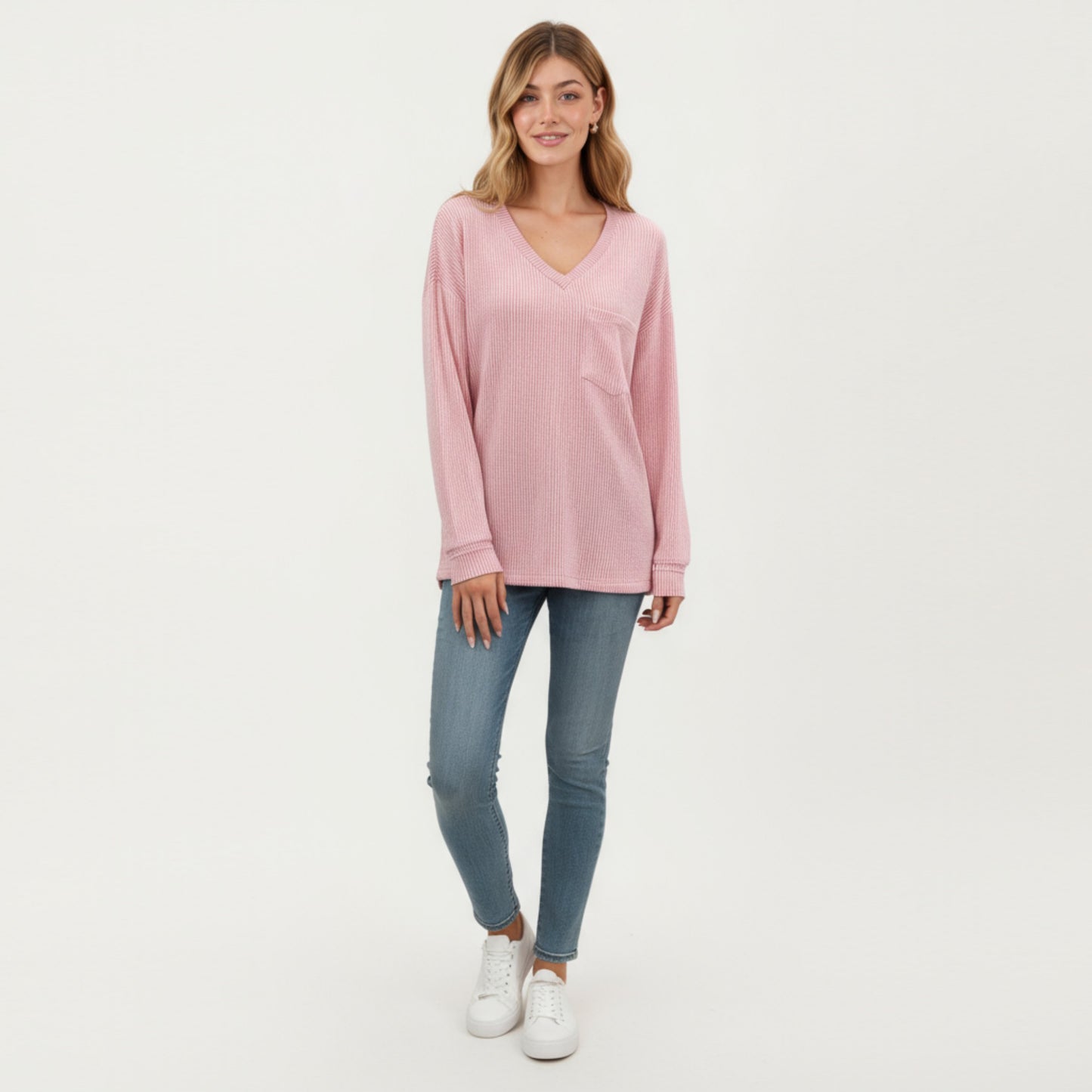 V-Neck Long Sleeve Knit Top with Chest Pocket and Relaxed Fit
