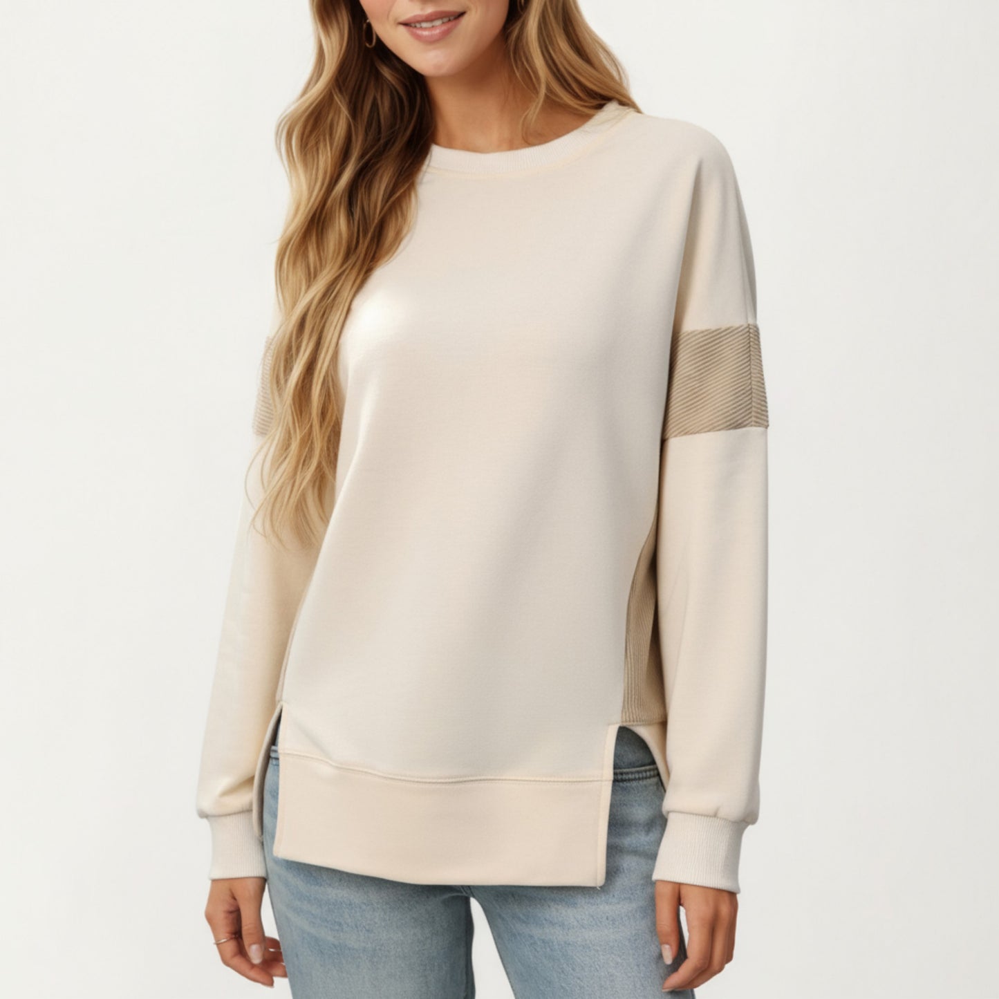Crew Neck Long Sleeve Pullover Top with Colorblock Sleeve Detail