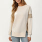 Crew Neck Long Sleeve Pullover Top with Colorblock Sleeve Detail