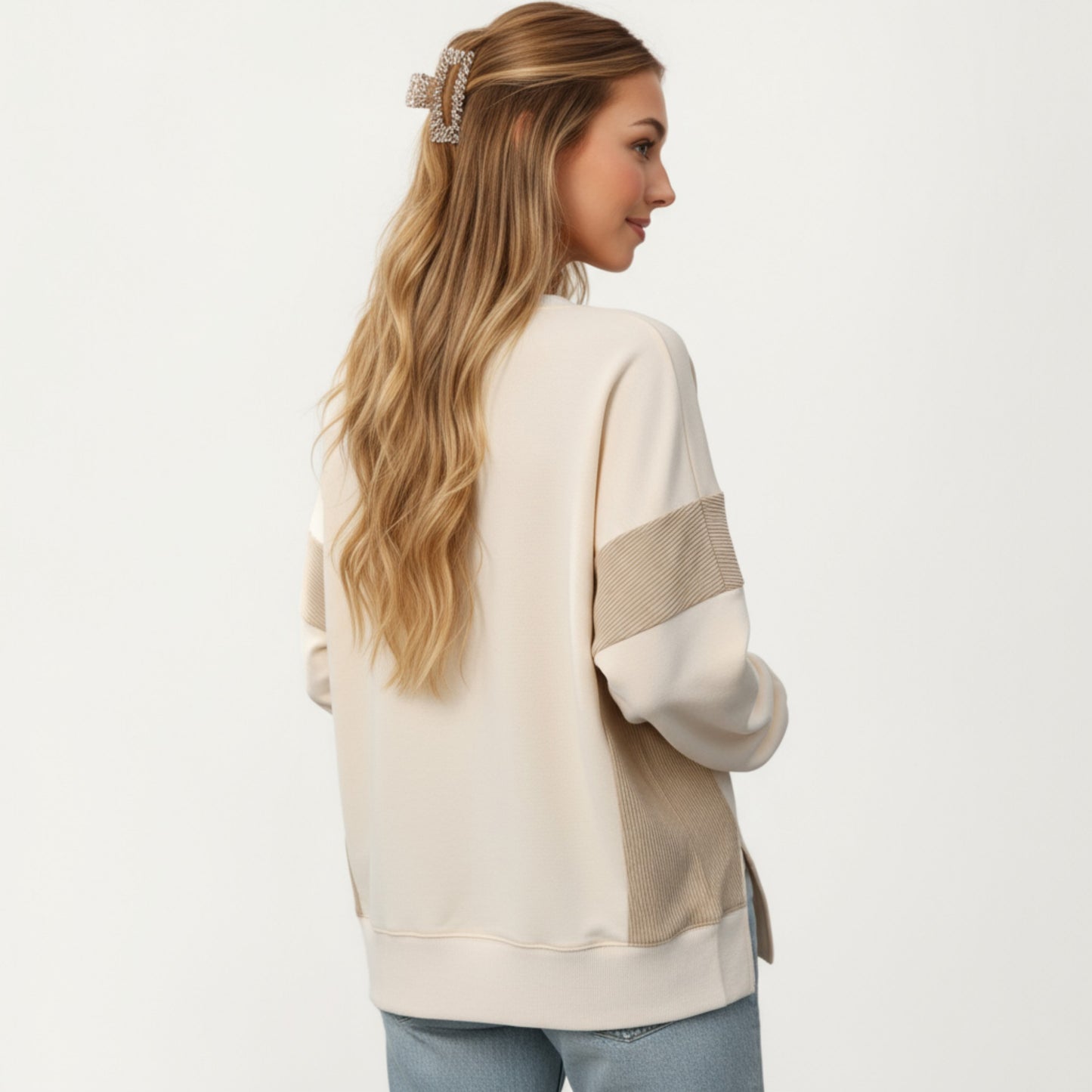 Crew Neck Long Sleeve Pullover Top with Colorblock Sleeve Detail