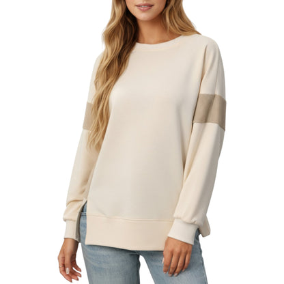 Crew Neck Long Sleeve Pullover Top with Colorblock Sleeve Detail