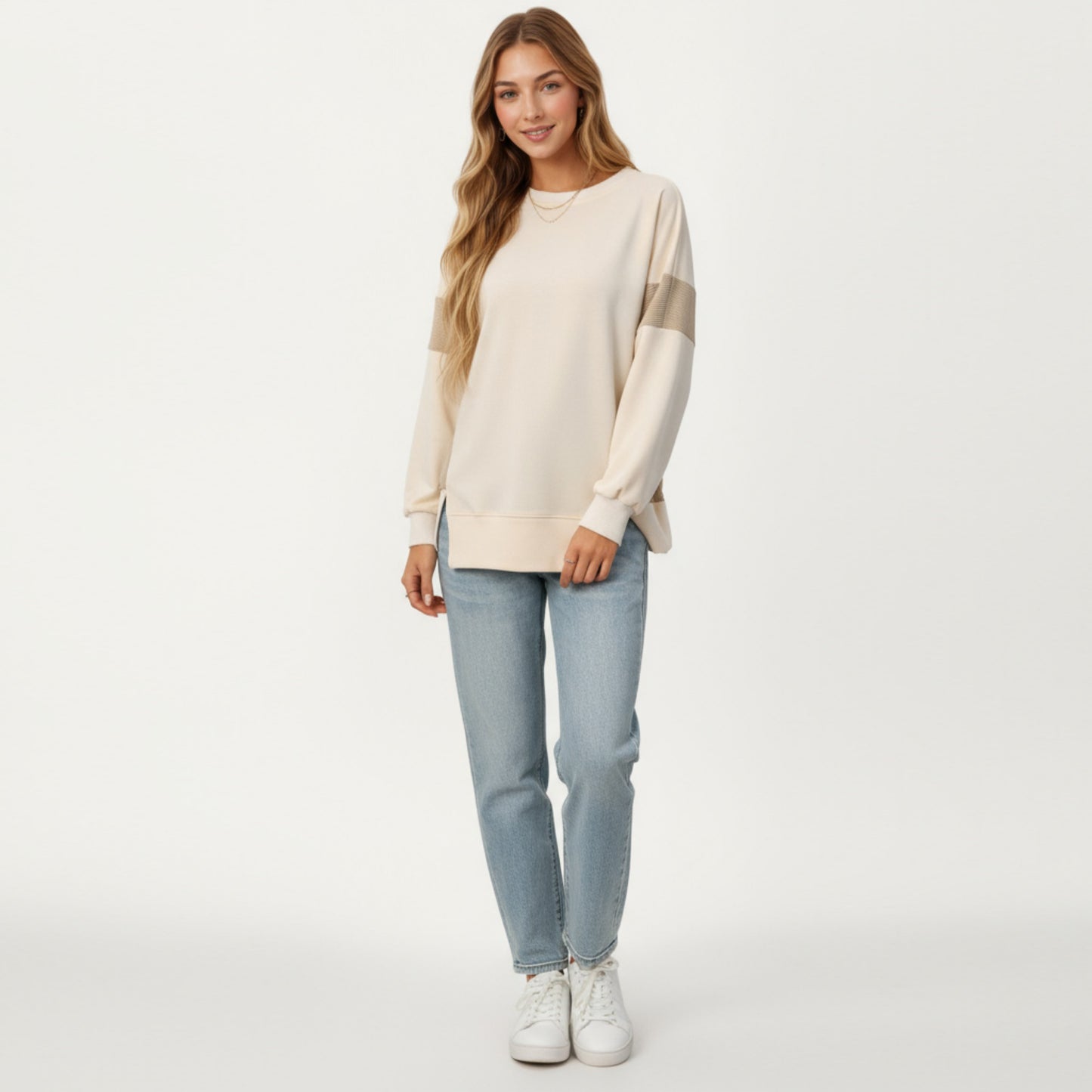 Crew Neck Long Sleeve Pullover Top with Colorblock Sleeve Detail