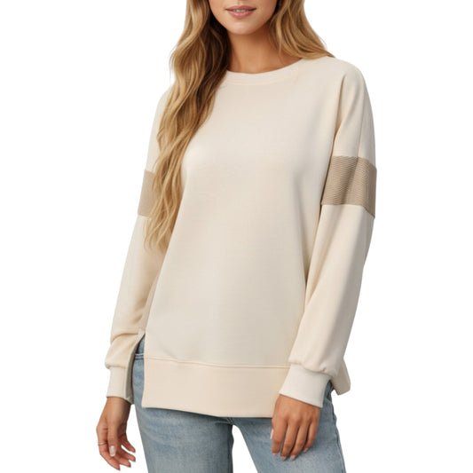 Crew Neck Long Sleeve Pullover Top with Colorblock Sleeve Detail