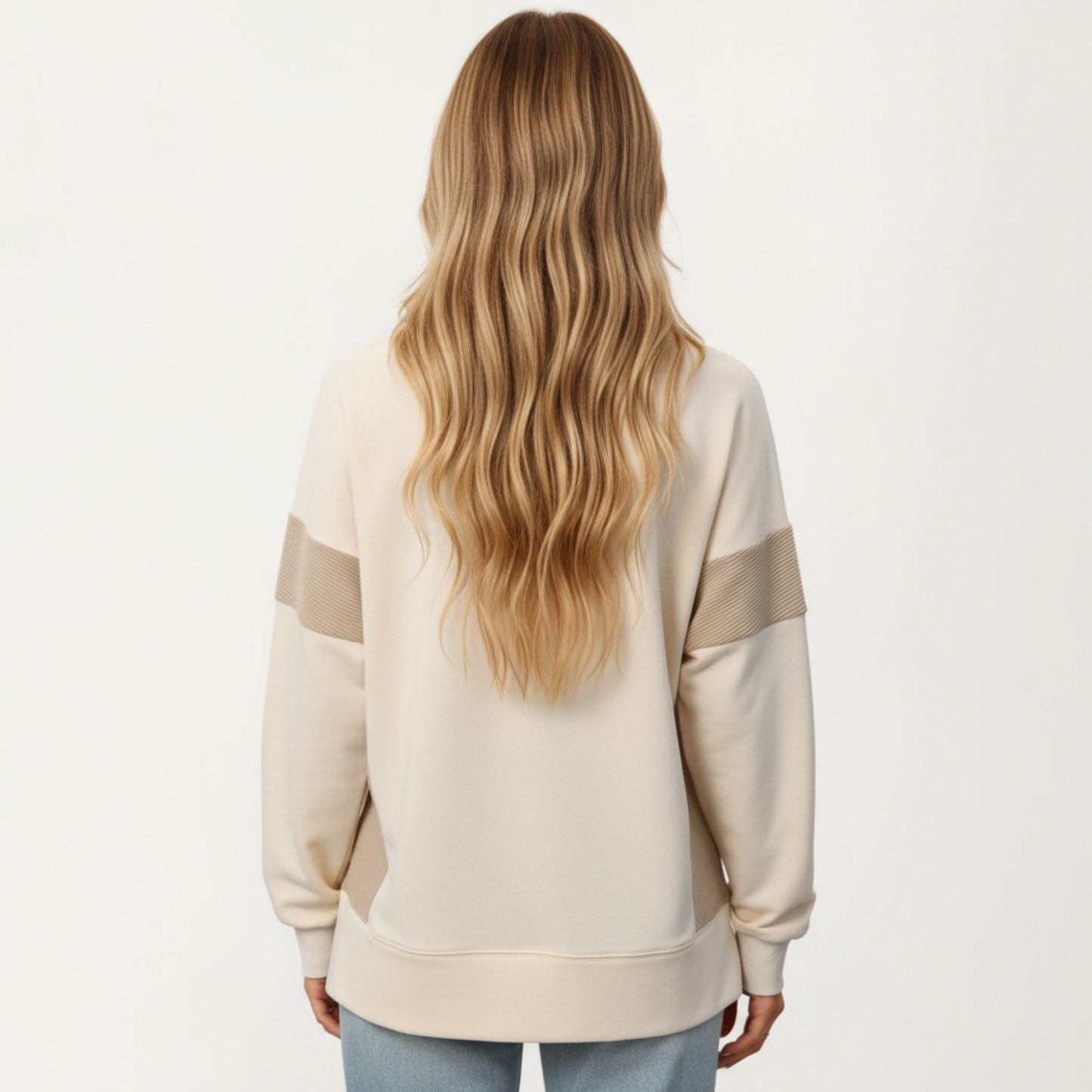 Crew Neck Long Sleeve Pullover Top with Colorblock Sleeve Detail