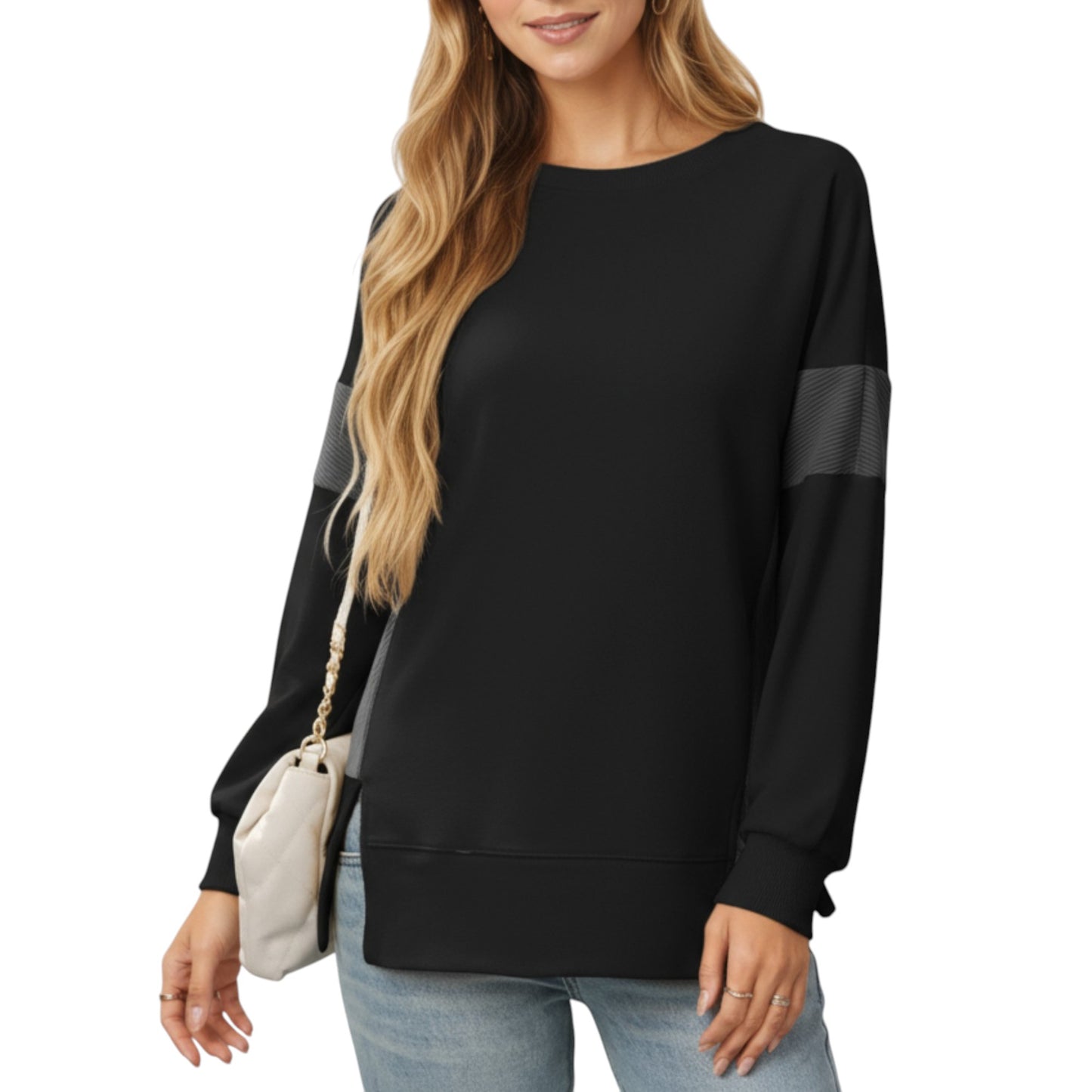 Crew Neck Long Sleeve Pullover Top with Colorblock Sleeve Detail