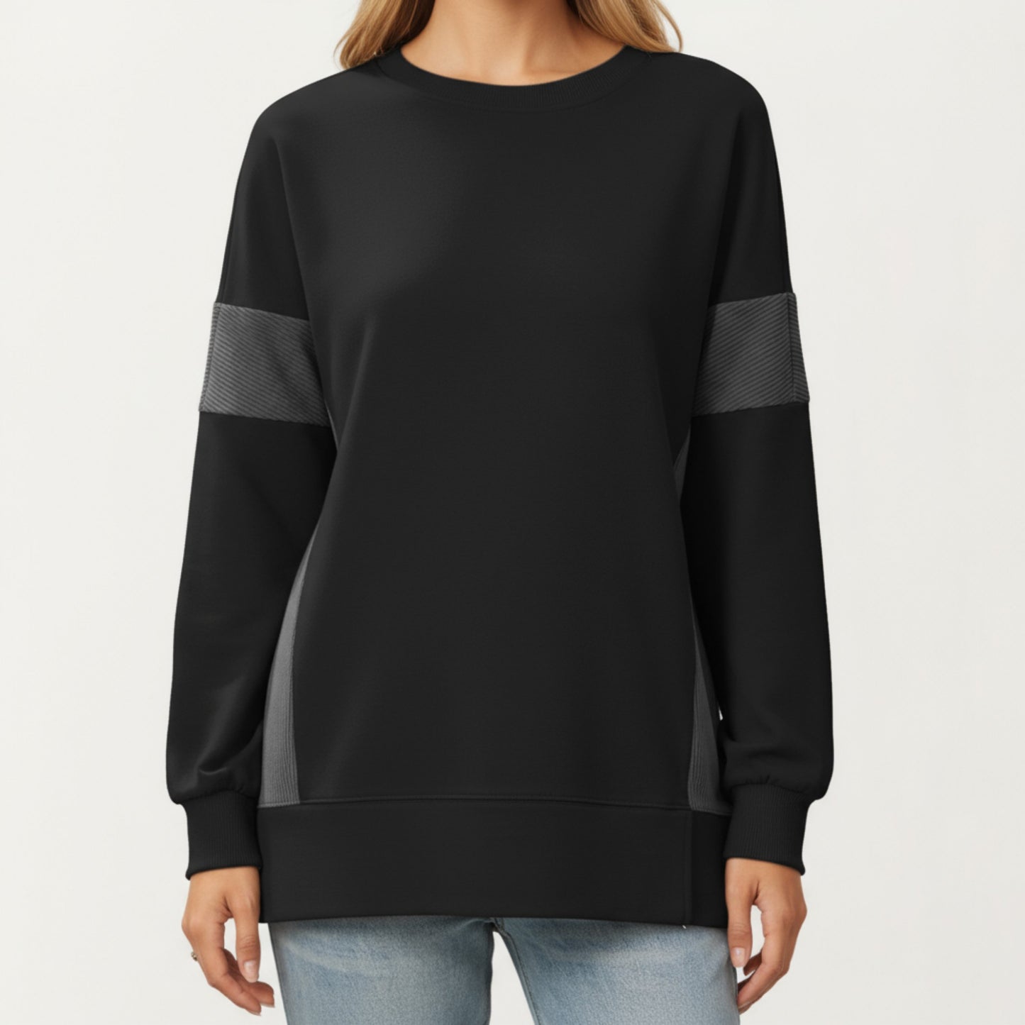 Crew Neck Long Sleeve Pullover Top with Colorblock Sleeve Detail