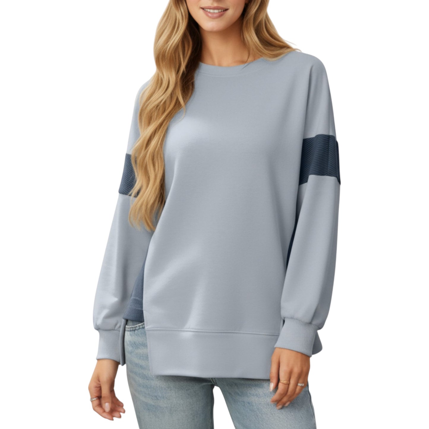 Crew Neck Long Sleeve Pullover Top with Colorblock Sleeve Detail