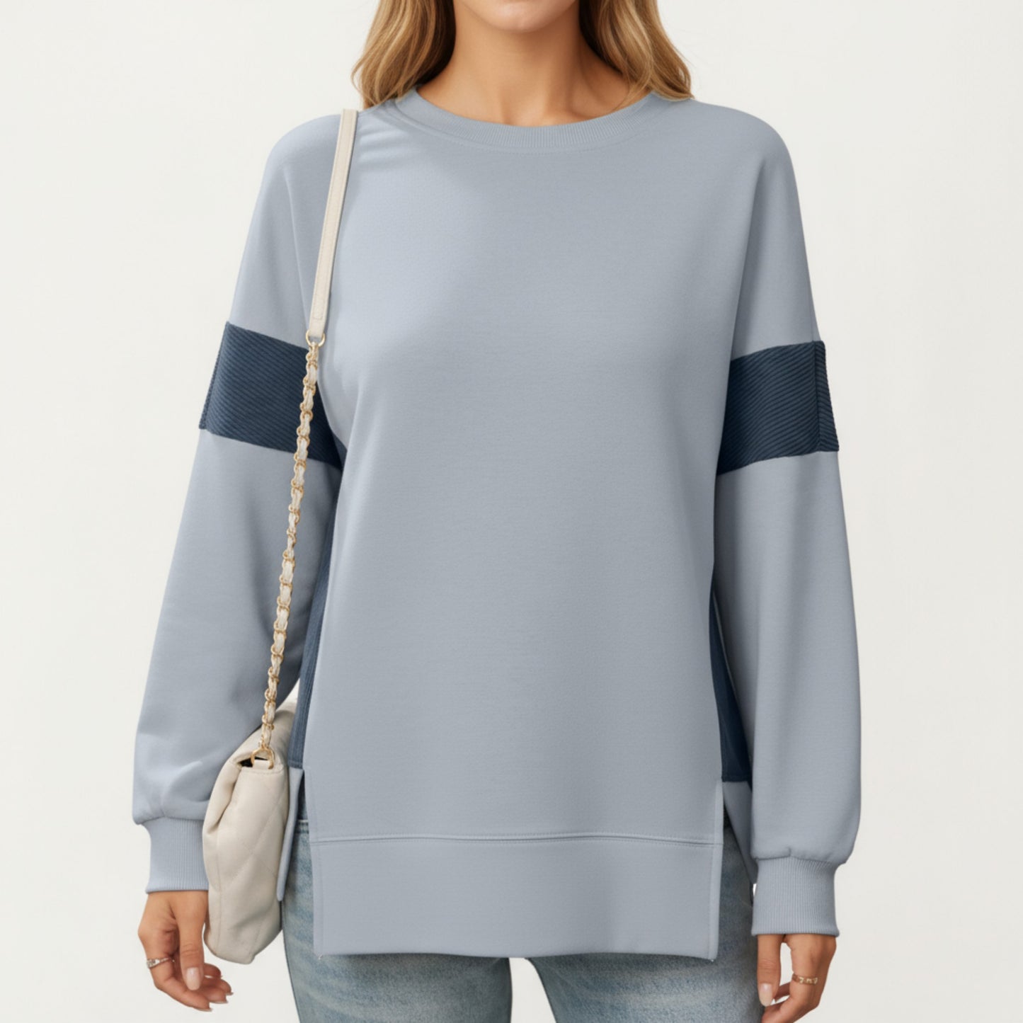 Crew Neck Long Sleeve Pullover Top with Colorblock Sleeve Detail