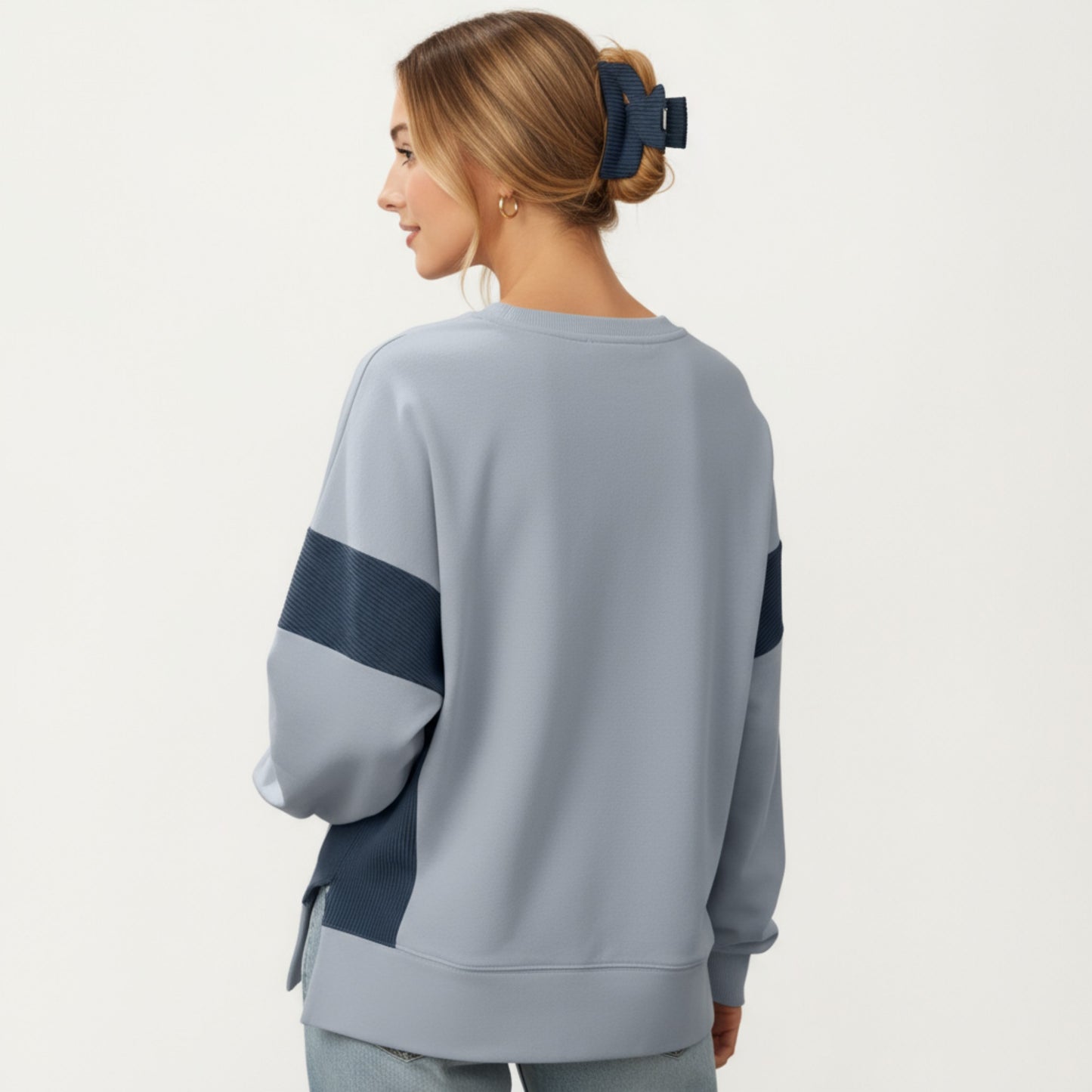 Crew Neck Long Sleeve Pullover Top with Colorblock Sleeve Detail
